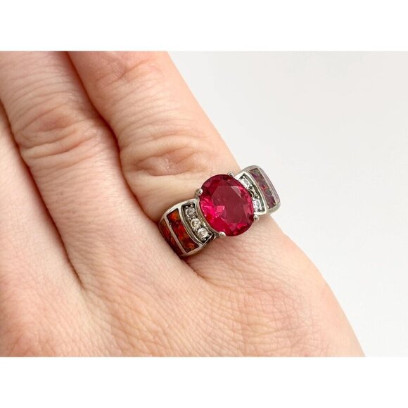 Bright Garnet & Faux Opal Modernist Sterling Silver Vintage Ring - sz 6.5 - Picture 9 of 10